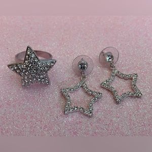 Pave Star Ring & Earrings Set Clear Rhinestone Fashion Statement Jewelry NWOT